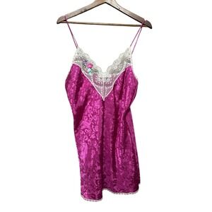 Val Mode Lingerie Nightgown Pink Floral Lace Trim V Neck Slips Womens‎